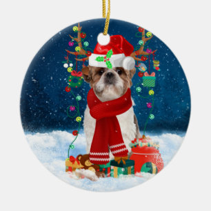 Shih Tzu Dog in sneeuw met kerstcadeaus Keramisch Ornament