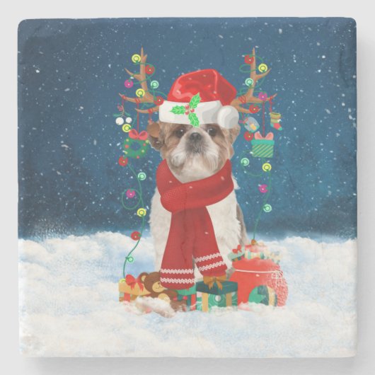 Shih Tzu Dog in sneeuw met kerstcadeaus Stenen Onderzetter (Voorkant)