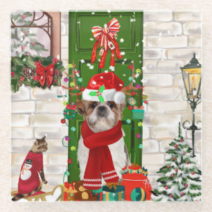 Shih Tzu Dog Kerstmis Glazen Onderzetter