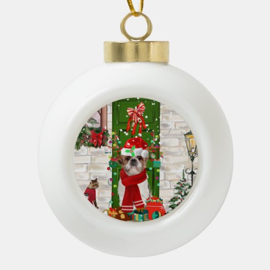 Shih Tzu Dog Kerstmis Keramische Bal Ornament (Voorkant)