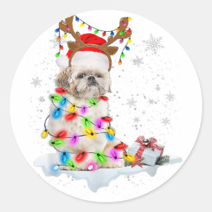 Shih Tzu Dog Kerstmis Reindekerstverlichting Ronde Sticker