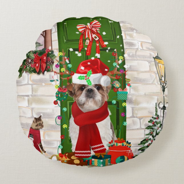 Shih Tzu Dog Kerstmis Rond Kussen (Voorkant)