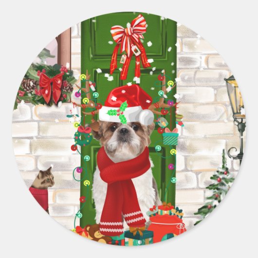 Shih Tzu Dog Kerstmis Ronde Sticker (Voorkant)