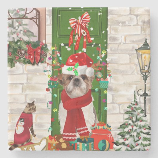Shih Tzu Dog Kerstmis Stenen Onderzetter (Voorkant)