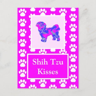 Shih Tzu Dog Kisses Silhouette in Cute Pink & Blue Briefkaart