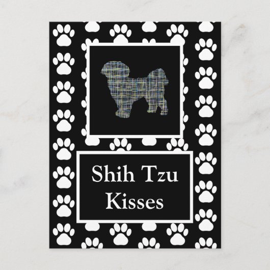 Shih Tzu Dog Kisses Silhouette Yellow & Blue Grid Briefkaart (Voorkant)