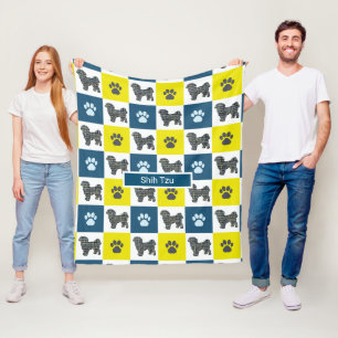 Shih Tzu Dog & Paw Print Yellow Grid Silhouette Fleece Deken