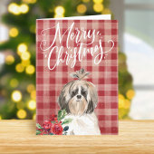 Shih Tzu Dog Red Plaid Kerstmis Feestdagen Kaart