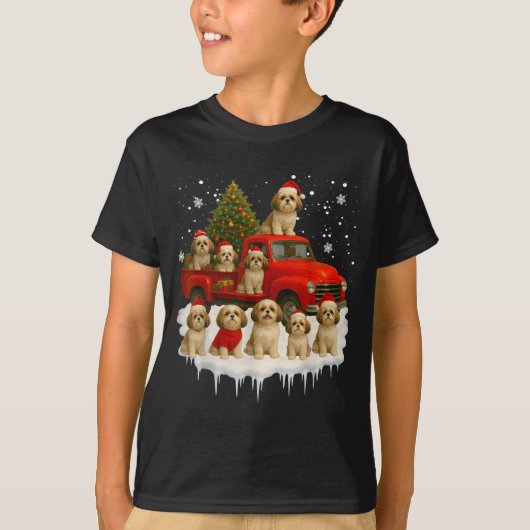 Shih Tzu Dog Red Truck Christmas Tree Santa Ugly X T-shirt (Voorkant)