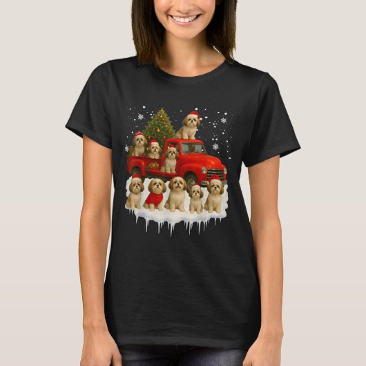 Shih Tzu Dog Red Truck Christmas Tree Santa Ugly X T-shirt (Voorkant)
