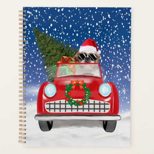 Shih Tzu Dog rijdt met sneeuwkerst Planner (Voorkant)
