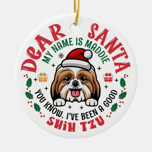 Shih Tzu Dog Santa Gepersonaliseerde kerstboom Keramisch Ornament (Voorkant)