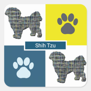 Shih Tzu Dog Silhouette & Paw Print Y&B Grid Vierkante Sticker