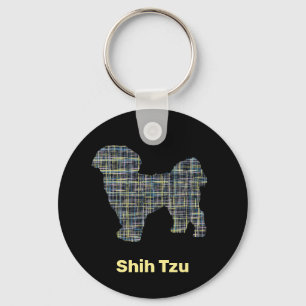 Shih Tzu Dog Silhouette Yellow & Black Grid Lines Sleutelhanger