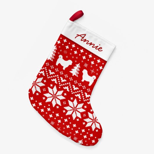 Shih Tzu Dog Silhouettes Red en White Pattern Kleine Kerstsok (Voorkant (Hangend))