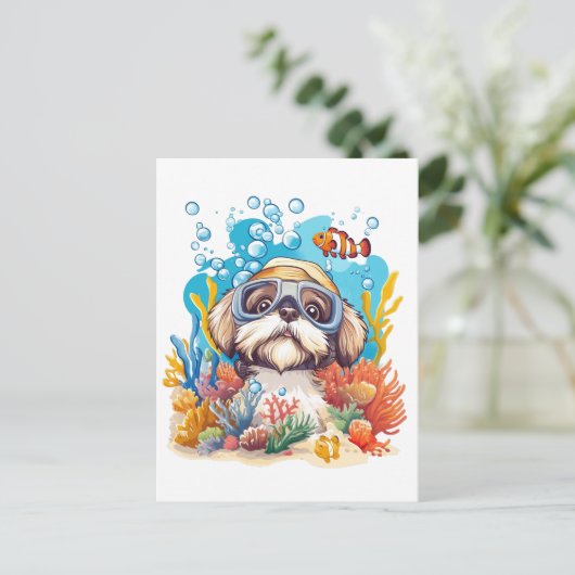 Shih Tzu Dog Snorkeling Coral Reef Briefkaart (Staand voorkant)
