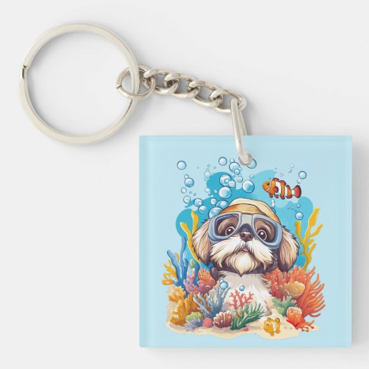 Shih Tzu Dog Snorkeling Coral Reef Sleutelhanger (Voorkant)