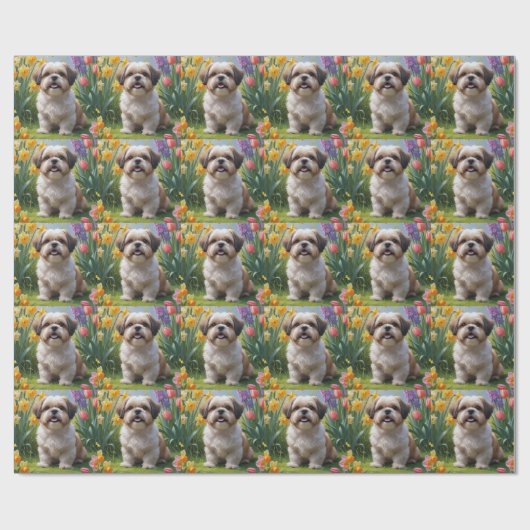 Shih Tzu Dog Spring Bloemen Schilderen Cadeaupapier (Vlak)