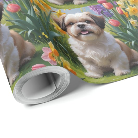 Shih Tzu Dog Spring Bloemen Schilderen Cadeaupapier (Rol Hoek)