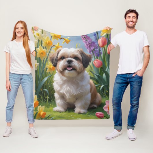 Shih Tzu Dog Spring Bloemen Schilderen Fleece Deken (In situ)
