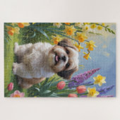 Shih Tzu Dog Spring Bloemen Schilderen Legpuzzel (Horizontaal)