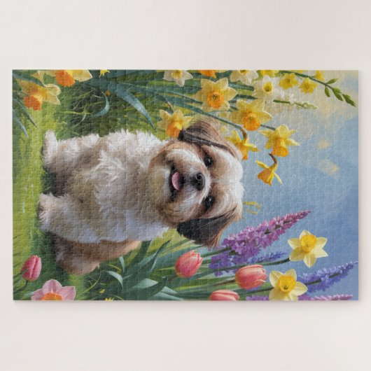 Shih Tzu Dog Spring Bloemen Schilderen Legpuzzel (Horizontaal)