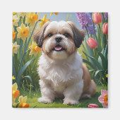 Shih Tzu Dog Spring Bloemen Schilderen Magneet (Voorkant)
