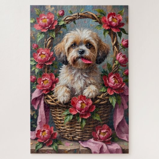 Shih Tzu Dog Valentine's Day Peony Flower Basket Legpuzzel (Verticaal)