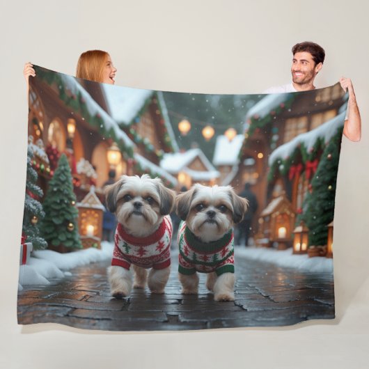 Shih Tzu Dogs Christmas Snow Holiday Fleece Deken (In situ)