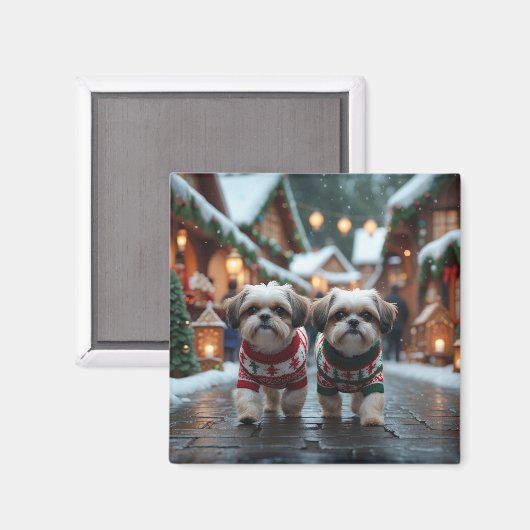Shih Tzu Dogs Christmas Snow Holiday Magneet (Voorkant / Achterkant)