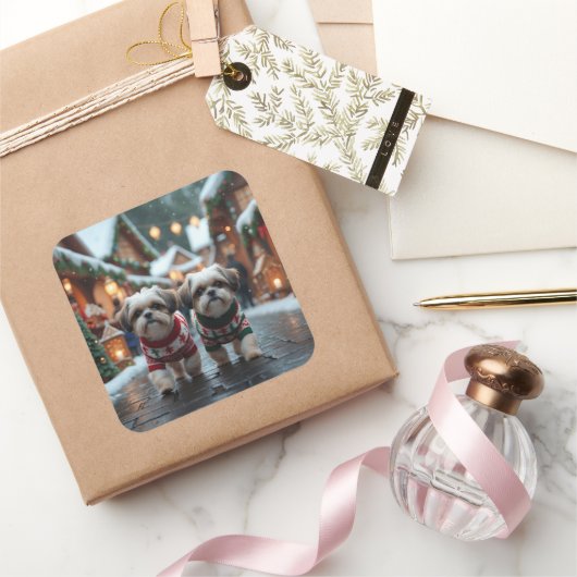 Shih Tzu Dogs Christmas Snow Holiday Vierkante Sticker (Geschenken)