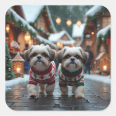 Shih Tzu Dogs Christmas Snow Holiday Vierkante Sticker (Voorkant)