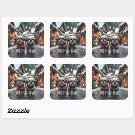 Shih Tzu Dogs Christmas Snow Holiday Vierkante Sticker (Vel)