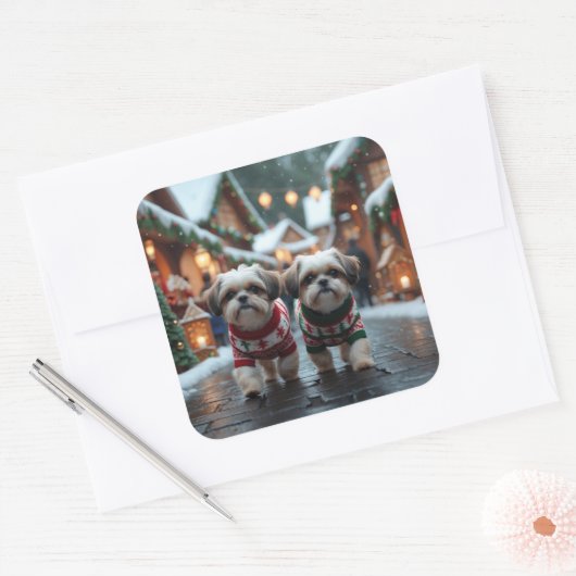 Shih Tzu Dogs Christmas Snow Holiday Vierkante Sticker (Envelop)