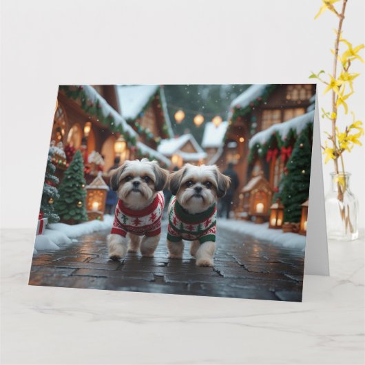 Shih Tzu Dogs Kerstmis Sneeuw Vakantie Kaart (Gele Bloem)