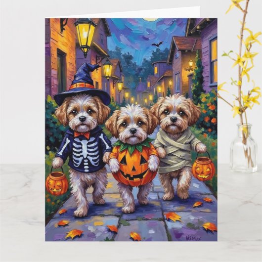 Shih Tzu Dogs Trick-or-Treating Halloween Costumes Kaart (Gele Bloem)
