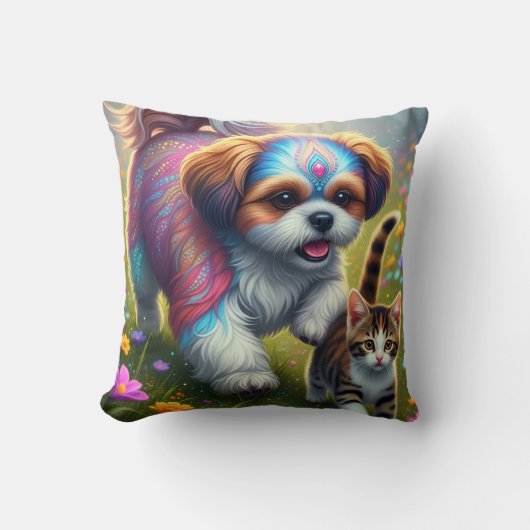 Shih tzu en kittens bolster kussen (Voorkant)
