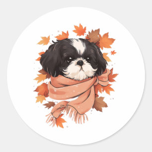 Shih Tzu Fall Dog Autumn Leaves Thanksgiving Copy Ronde Sticker
