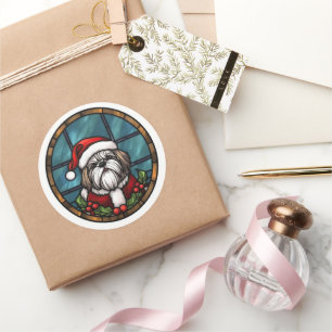 Shih Tzu Glas in Lood Kerstmis Ronde Sticker