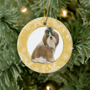 Shih Tzu Gold Snowflake Border Keramisch Ornament