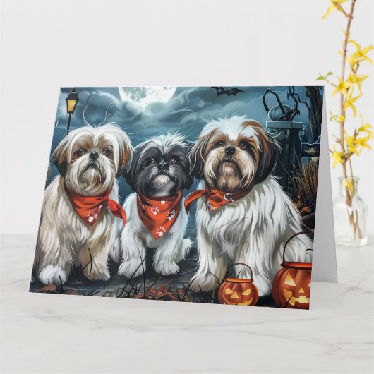 Shih Tzu Halloween Spooky Kaart (Gele Bloem)