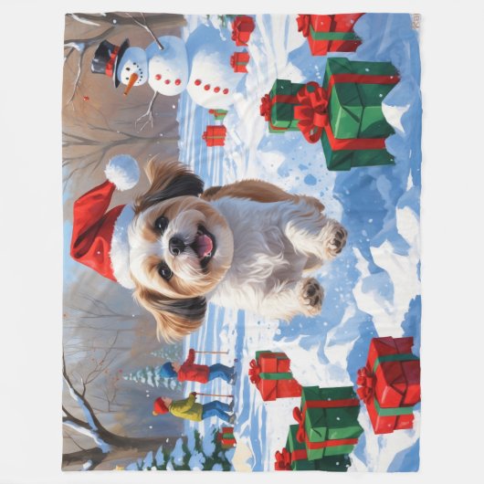 Shih Tzu hardlopen in de sneeuw met kerst Pet Fleece Deken (Voorkant)