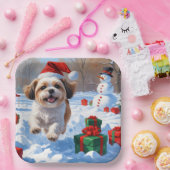 Shih Tzu hardlopen in de sneeuw met kerst Pet Papieren Bordje (Feest)