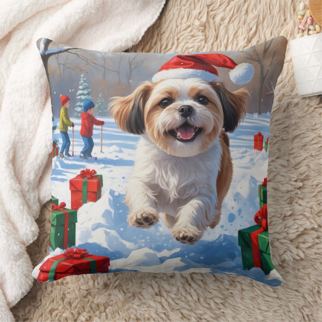 Shih Tzu hardlopen in de sneeuw met kerstmuts Kussen (Deken)