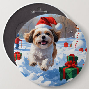 Shih Tzu hardlopen in de sneeuw met kerstmuts Ronde Button 6,0 Cm