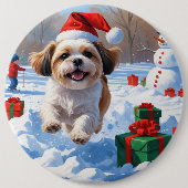 Shih Tzu hardlopen in de sneeuw met kerstmuts Ronde Button 6,0 Cm (Voorkant)