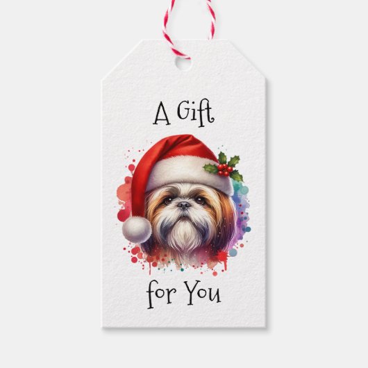 Shih Tzu Hond in Santa Hat Kerst Cadeaulabel (Voorkant)