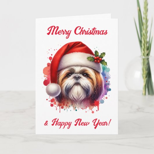 Shih Tzu Hond in Santa Hat Kerst Kaart (Voorkant)