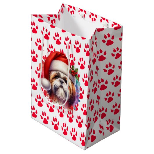 Shih Tzu Hond in Santa Hat Kerst Medium Cadeauzakje (Voorkant Gekanteld)