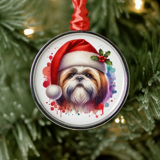 Shih Tzu Hond in Santa Hat Kerst Metalen Ornament (Boom)